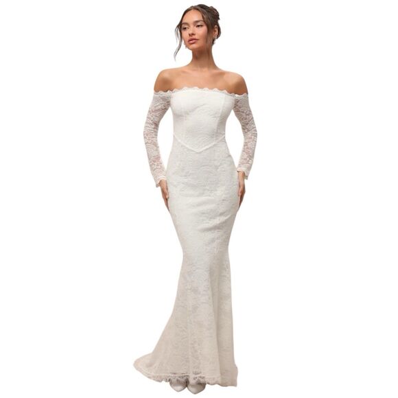 Lulus Beloved Promise Maxi Dress Womens S Lace White Basque Waist Bride Gown NWT - Picture 1 of 8